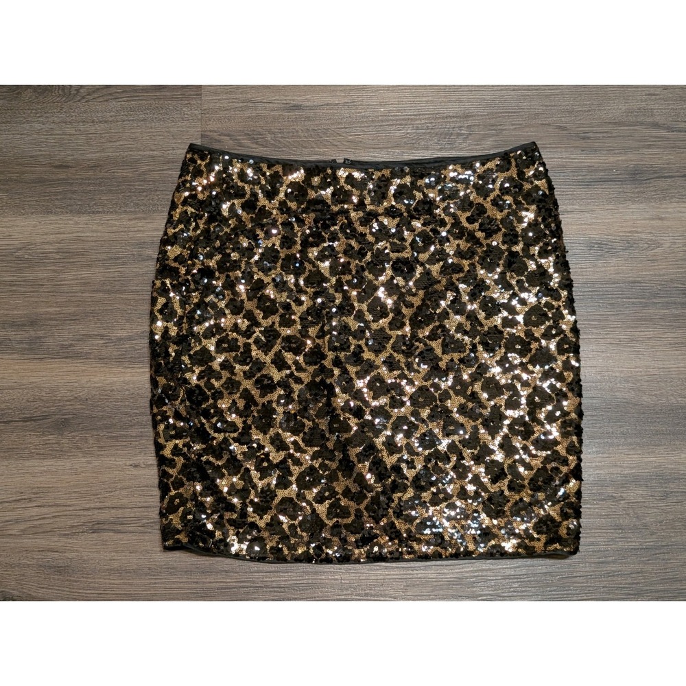 Cache Gold Black Leopard Sequin Mini Skirt Size 14 Animal Print Pencil Party